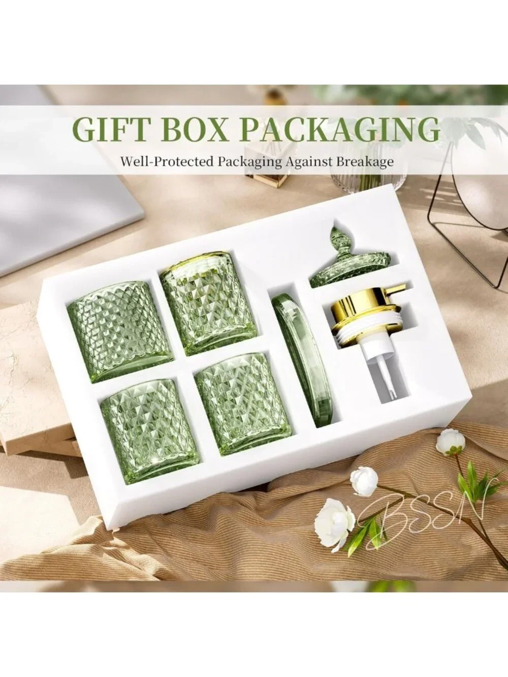 Stylish 5-Piece Green Glass Bathroom Accessory Set for Vanity Decor